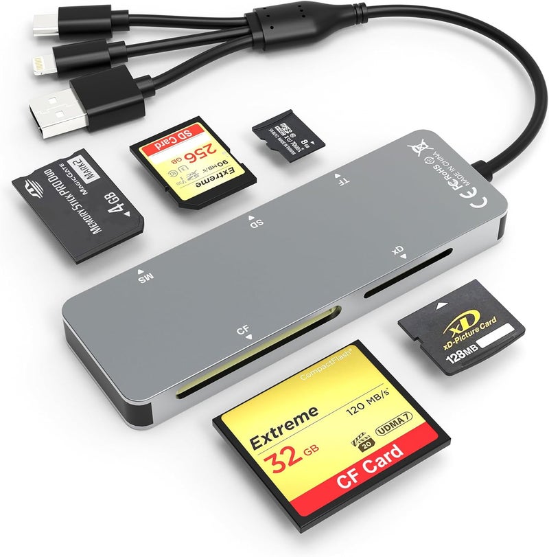 Ardaddyn Memory Stick pro Duo Adapter - 5 in 1 SD/TF/MS/CF/XD Card Reader for PC/Android/Lightning Device, Aluminum Multi Memory Card Reader USB C Lightning OTG Adapter Memory Stick pro Duo Reader for iPhone - Image 1